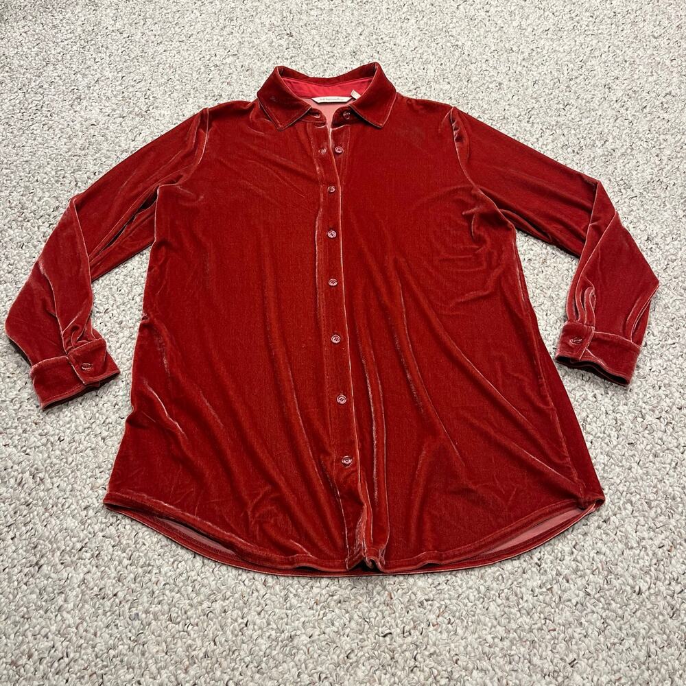 Soft Surroundings Velvet Boyfriend Tunic Shirt Sz M Pink Red Button Front